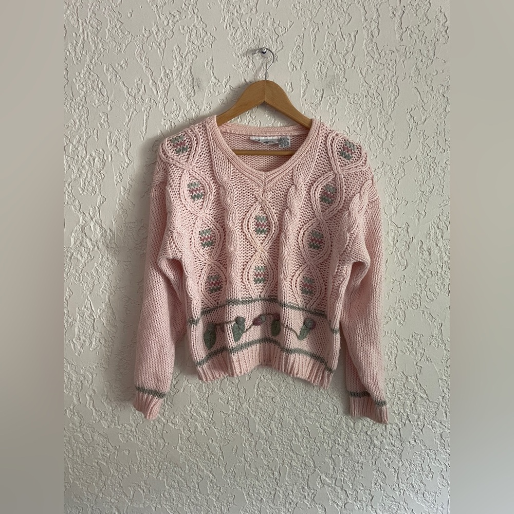 Donagain RARE Vintage 90s Romantic Embroidered Pink Fisherman Sweater